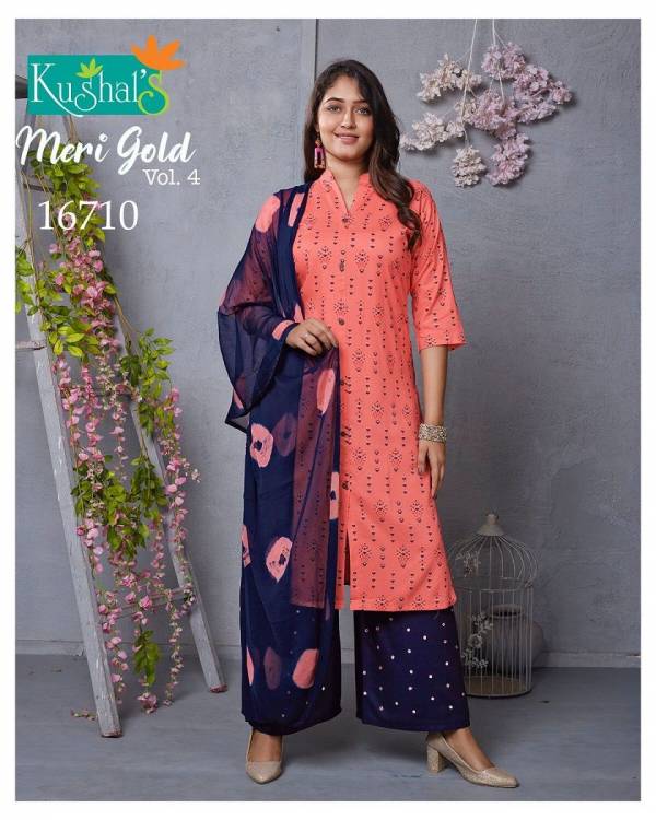 Kushal Meri Gold 4 Kurti With Plazzo And Dupatta Rayon Readymade Dress Collection